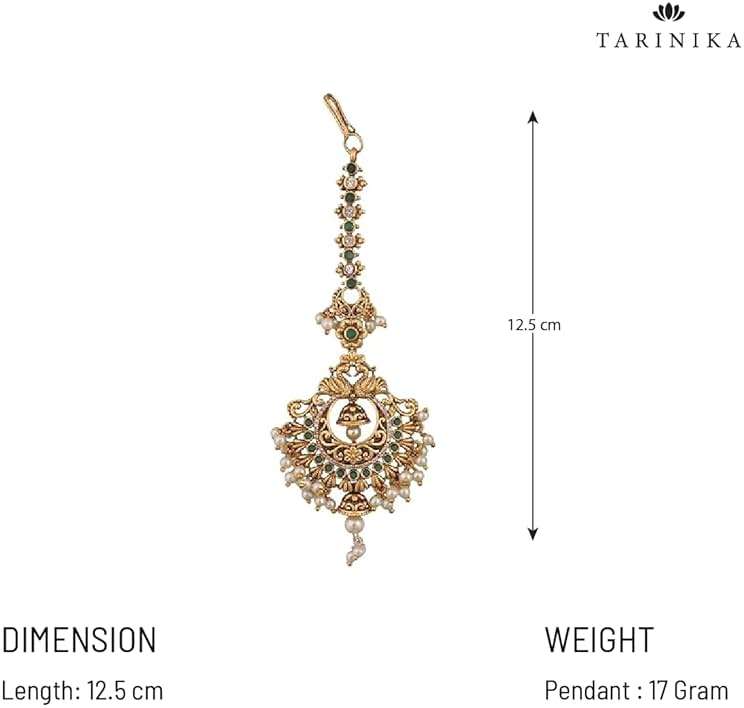 TARINIKA Antique Gold Maang Tikka Indian Headpiece Jewelry for Wedding & Festive Occasions | CZ Stone & Brass Alloy | Traditional Hair Accessories for Women - Image 3