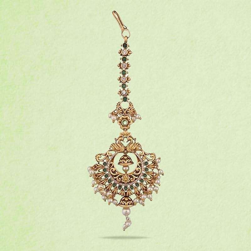TARINIKA Antique Gold Maang Tikka Indian Headpiece Jewelry for Wedding & Festive Occasions | CZ Stone & Brass Alloy | Traditional Hair Accessories for Women - Image 4