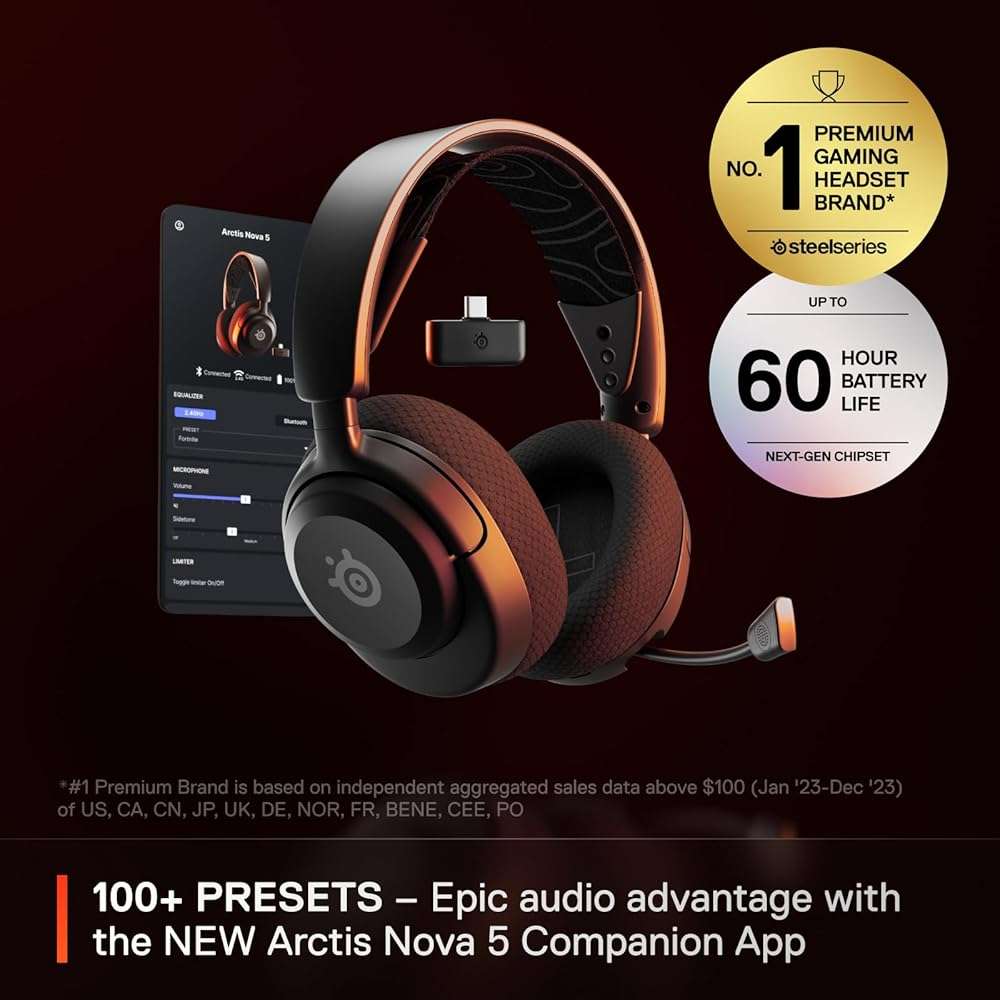 SteelSeries Arctis Nova 5 Wireless Multi-System Gaming Headset — Neodymium Magnetic Drivers — 100+ Audio Presets — 60 HR Battery — 2.4GHz or BT — ClearCast Gen2.X Mic — PC, PS5, PS4, Switch, Mobile - Image 2