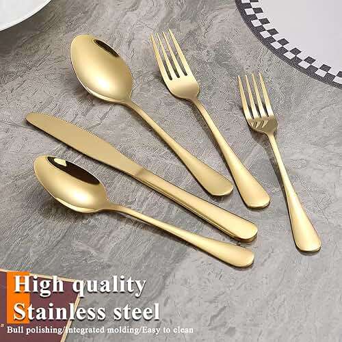 Silverware Set 60 Pieces Service for 12, ReaNea Gold Flatware Set, Titanium Plating Cutlery Set Include Dinner Knives, Dinner Spoons, Dinner Forks, Teaspoons, Salad Forks, Dishwasher Safe - Image 3