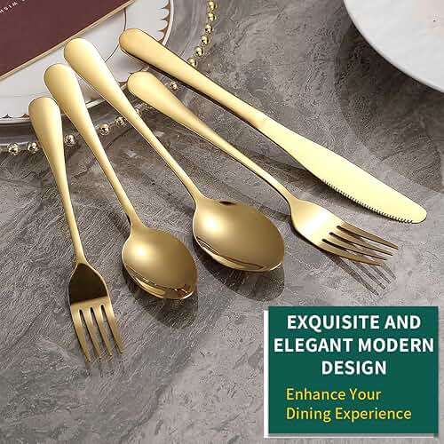 Silverware Set 60 Pieces Service for 12, ReaNea Gold Flatware Set, Titanium Plating Cutlery Set Include Dinner Knives, Dinner Spoons, Dinner Forks, Teaspoons, Salad Forks, Dishwasher Safe - Image 4