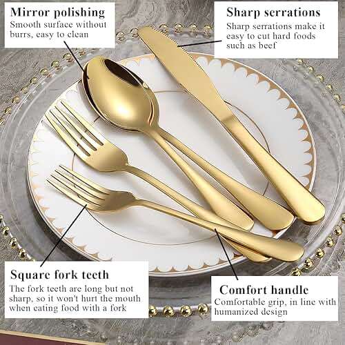 Silverware Set 60 Pieces Service for 12, ReaNea Gold Flatware Set, Titanium Plating Cutlery Set Include Dinner Knives, Dinner Spoons, Dinner Forks, Teaspoons, Salad Forks, Dishwasher Safe - Image 6