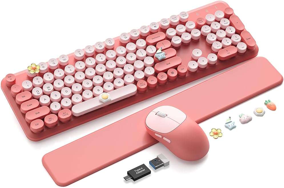 Cute Wireless Keyboard and Mouse Combo with Round Keys, Pink, CK24 | Cute typewriter style, Magnetic wrist rest, 2.4G Wireless, Sleep mode, USB-C adapter, Cute 3D stickers, 2-year warranty - Image 1