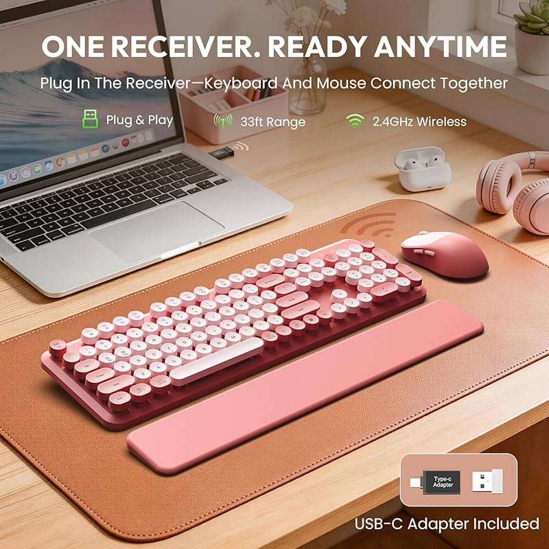 Cute Wireless Keyboard and Mouse Combo with Round Keys, Pink, CK24 | Cute typewriter style, Magnetic wrist rest, 2.4G Wireless, Sleep mode, USB-C adapter, Cute 3D stickers, 2-year warranty - Image 2