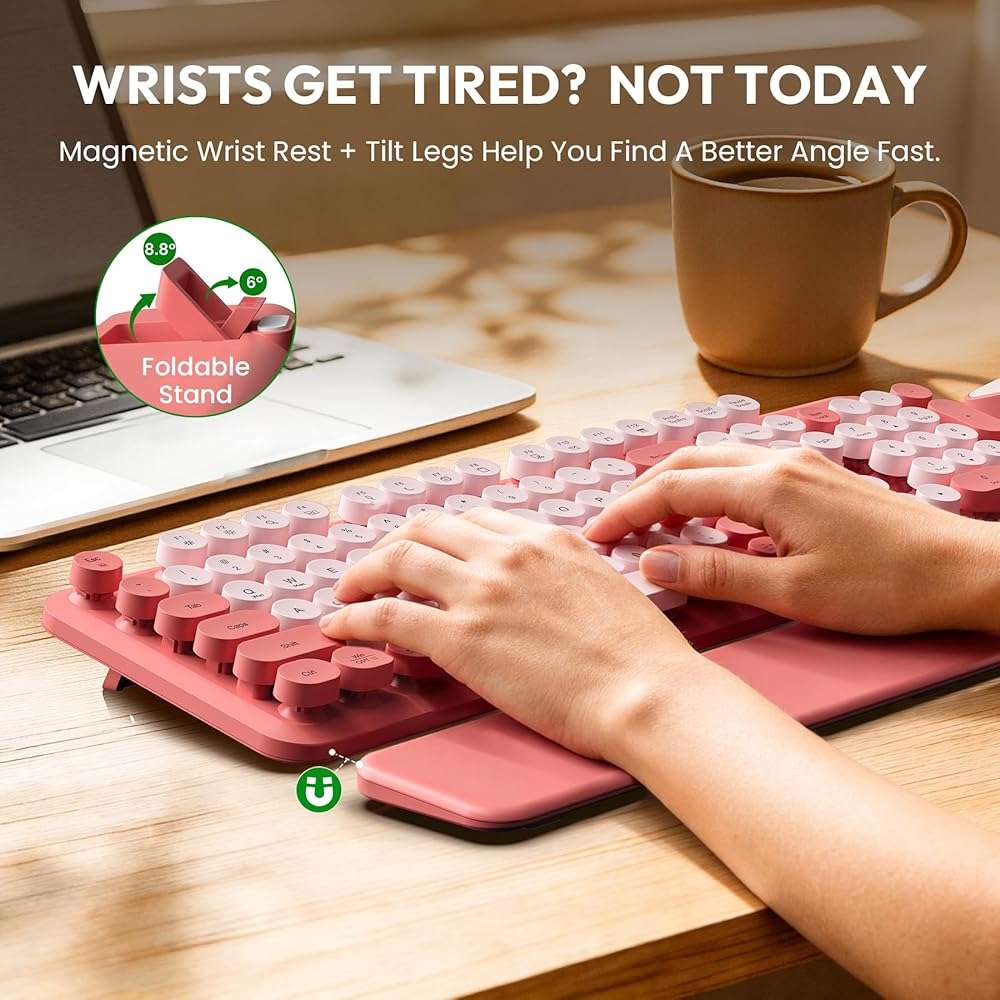 Cute Wireless Keyboard and Mouse Combo with Round Keys, Pink, CK24 | Cute typewriter style, Magnetic wrist rest, 2.4G Wireless, Sleep mode, USB-C adapter, Cute 3D stickers, 2-year warranty - Image 3