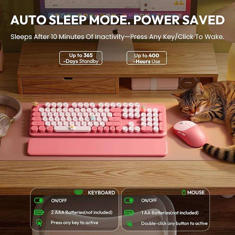 Cute Wireless Keyboard and Mouse Combo with Round Keys, Pink, CK24 | Cute typewriter style, Magnetic wrist rest, 2.4G Wireless, Sleep mode, USB-C adapter, Cute 3D stickers, 2-year warranty - Image 4
