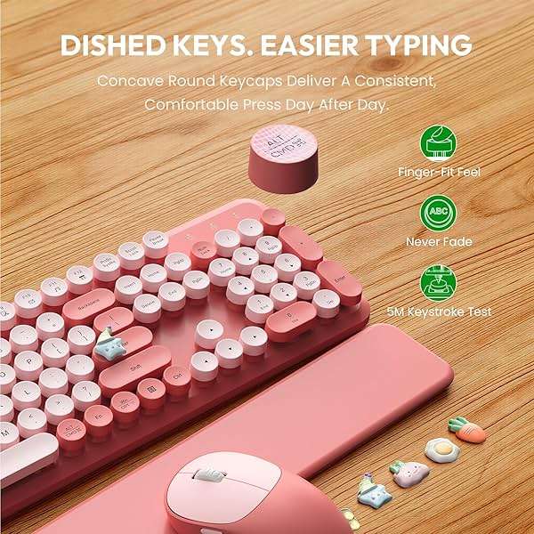 Cute Wireless Keyboard and Mouse Combo with Round Keys, Pink, CK24 | Cute typewriter style, Magnetic wrist rest, 2.4G Wireless, Sleep mode, USB-C adapter, Cute 3D stickers, 2-year warranty - Image 6