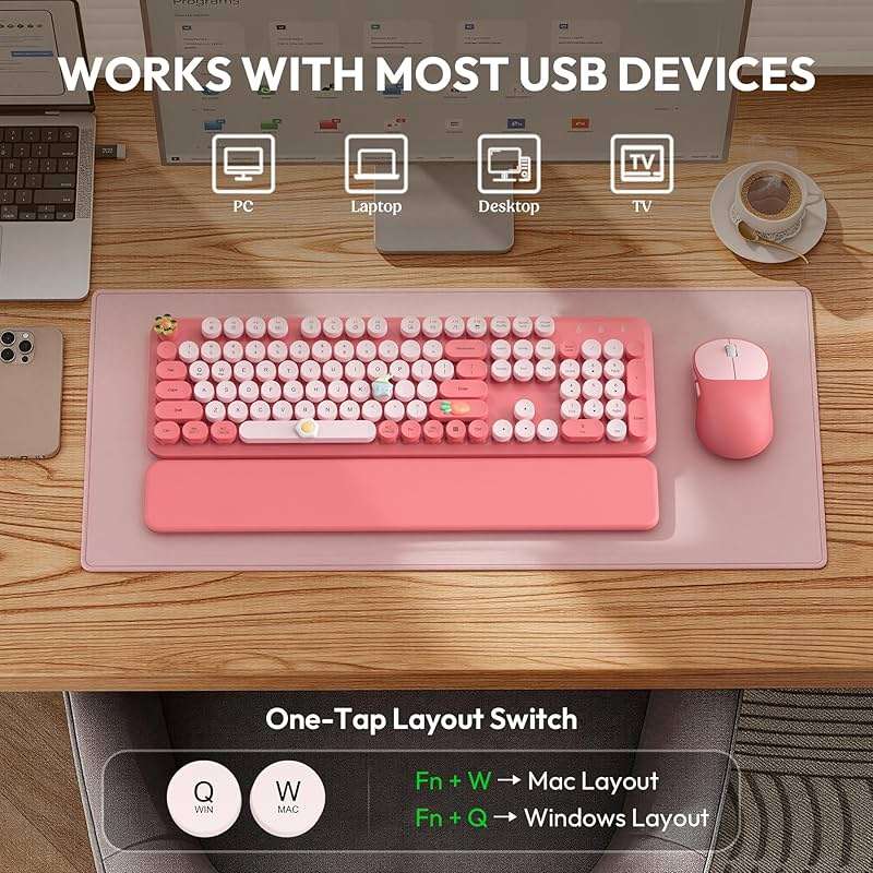 Cute Wireless Keyboard and Mouse Combo with Round Keys, Pink, CK24 | Cute typewriter style, Magnetic wrist rest, 2.4G Wireless, Sleep mode, USB-C adapter, Cute 3D stickers, 2-year warranty - Image 7