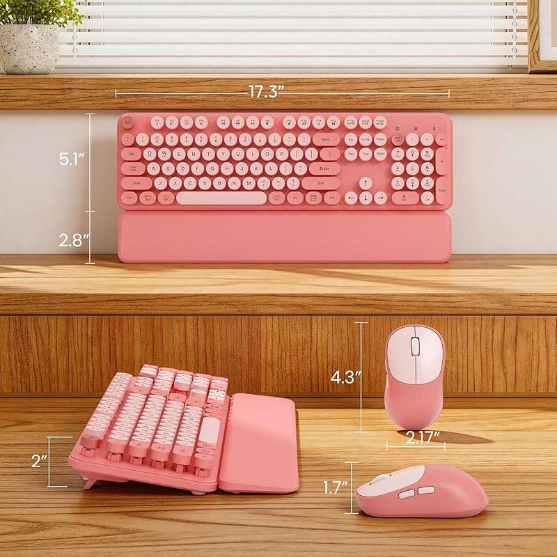 Cute Wireless Keyboard and Mouse Combo with Round Keys, Pink, CK24 | Cute typewriter style, Magnetic wrist rest, 2.4G Wireless, Sleep mode, USB-C adapter, Cute 3D stickers, 2-year warranty - Image 8