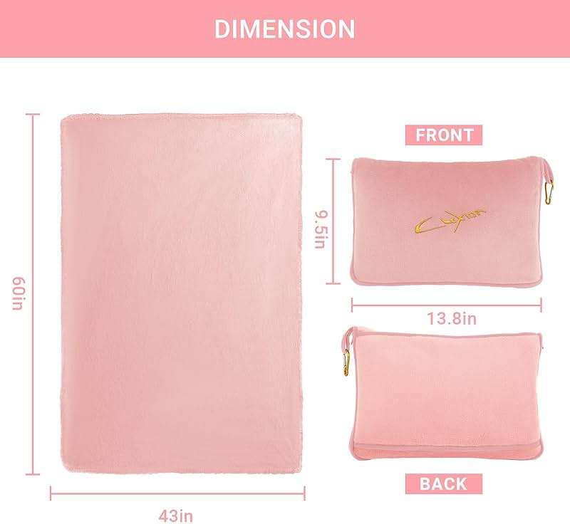 CLEXION Travel Blanket and Pillow Set, 300 GSM Soft Fleece, 60x43 Inches, 3-in-1 Compact with Bag, Pink - Image 2