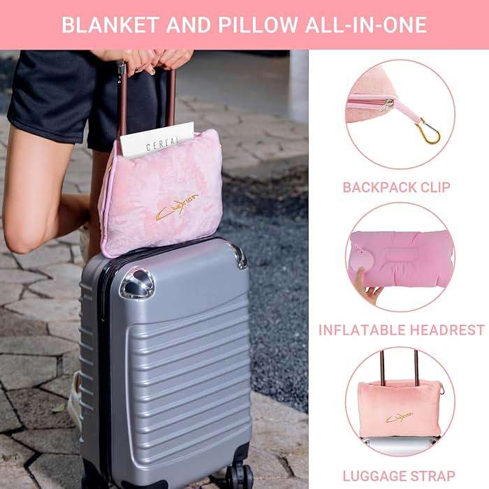 CLEXION Travel Blanket and Pillow Set, 300 GSM Soft Fleece, 60x43 Inches, 3-in-1 Compact with Bag, Pink - Image 4