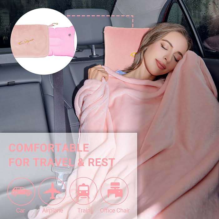 CLEXION Travel Blanket and Pillow Set, 300 GSM Soft Fleece, 60x43 Inches, 3-in-1 Compact with Bag, Pink - Image 8