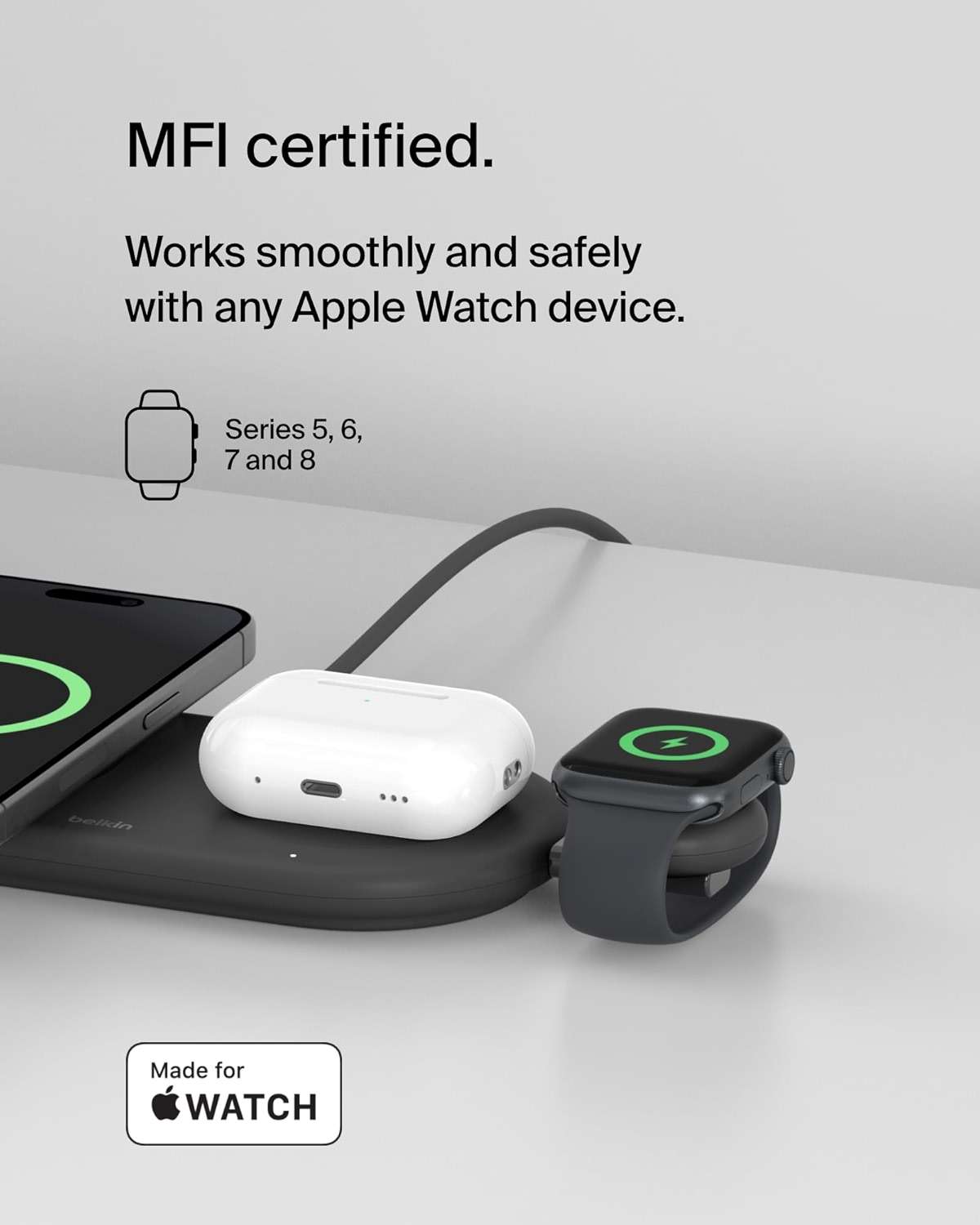Belkin Portable USB-C Apple Watch Charger - MFi-Certified USB-C Charger for Apple Watch Series 9, 8, 7, Ultra - Compatible with MacBook, iPhone 16 & More - Black - Image 2