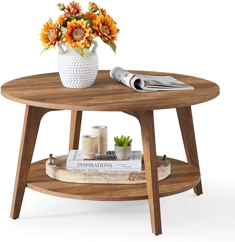 VASAGLE MAEZO Collection - Round Coffee Table, 2-Tier Center Table with Storage, Tapered Legs, Curved Transitions, 31.5 Dia. x 17.7 H Inches, Easy Assembly, for Living Room, Honey Brown ULCT243K41 - Image 1
