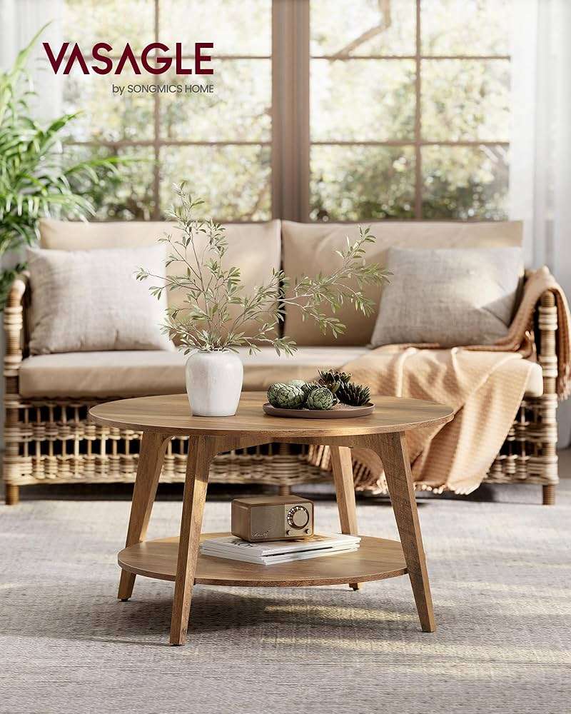 VASAGLE MAEZO Collection - Round Coffee Table, 2-Tier Center Table with Storage, Tapered Legs, Curved Transitions, 31.5 Dia. x 17.7 H Inches, Easy Assembly, for Living Room, Honey Brown ULCT243K41 - Image 2