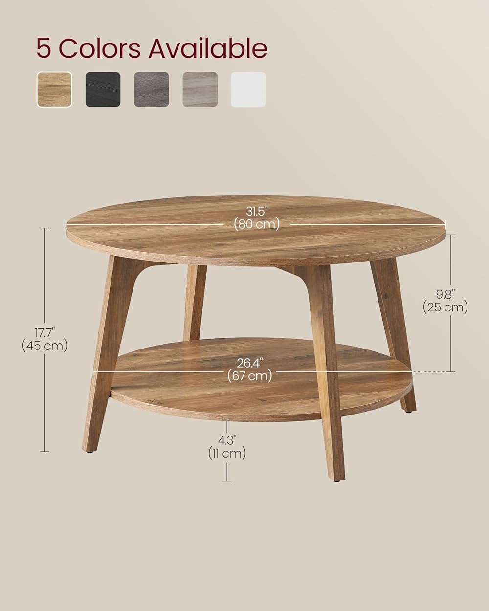 VASAGLE MAEZO Collection - Round Coffee Table, 2-Tier Center Table with Storage, Tapered Legs, Curved Transitions, 31.5 Dia. x 17.7 H Inches, Easy Assembly, for Living Room, Honey Brown ULCT243K41 - Image 3