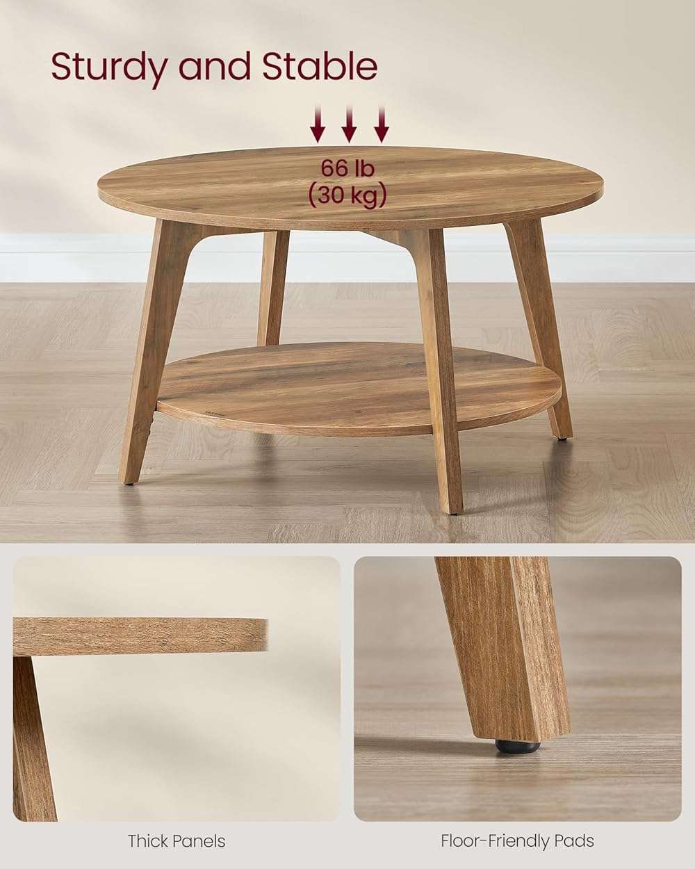 VASAGLE MAEZO Collection - Round Coffee Table, 2-Tier Center Table with Storage, Tapered Legs, Curved Transitions, 31.5 Dia. x 17.7 H Inches, Easy Assembly, for Living Room, Honey Brown ULCT243K41 - Image 5