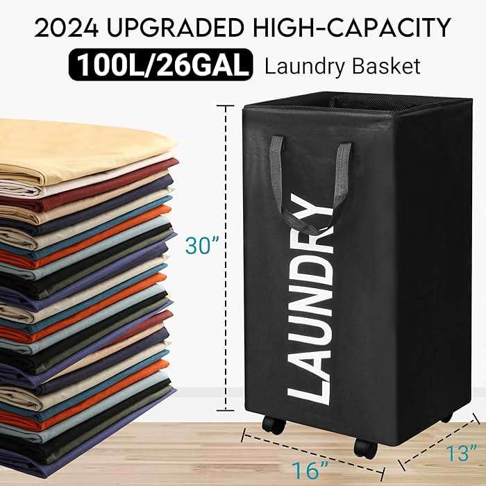 ZOES HOMEWARE 100L Large Laundry Basket with Wheels, 26 GAL Rolling Laundry Hamper with Handle, 30" Tall Rectangular Laundry Basket for Corner, Collapsible and Foldable, (Black) - Image 2