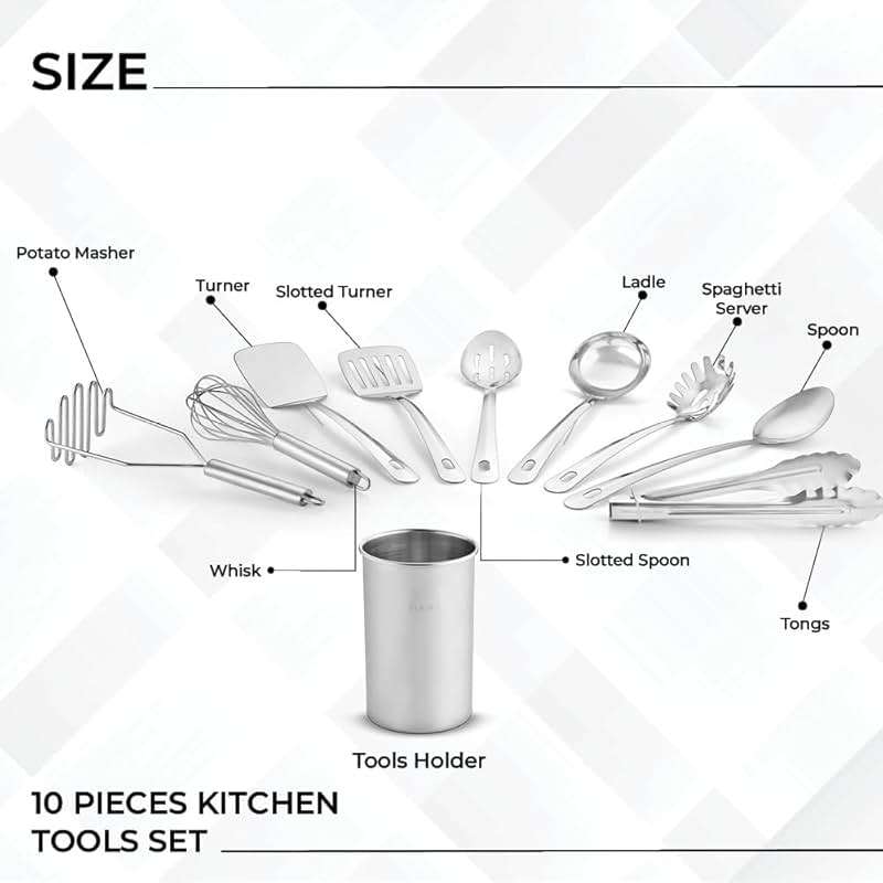 Avador® Premium Set of 10 Stainless Steel Kitchen Tool Set with Holder Easy To Clean, Space Saving, Great for Cooking, Baking, Prepping - Image 3