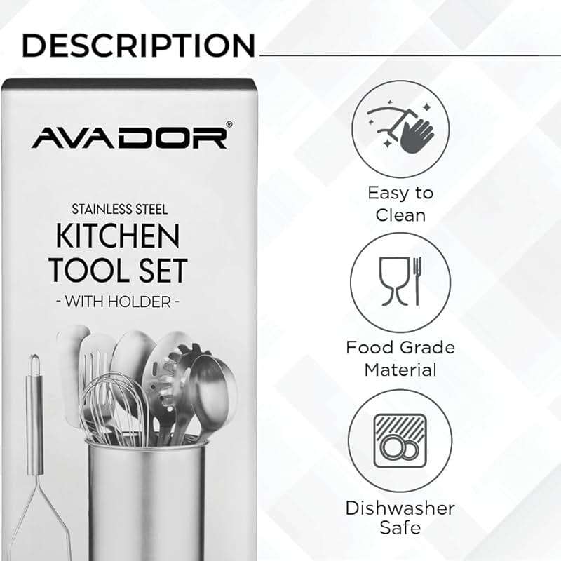 Avador® Premium Set of 10 Stainless Steel Kitchen Tool Set with Holder Easy To Clean, Space Saving, Great for Cooking, Baking, Prepping - Image 4
