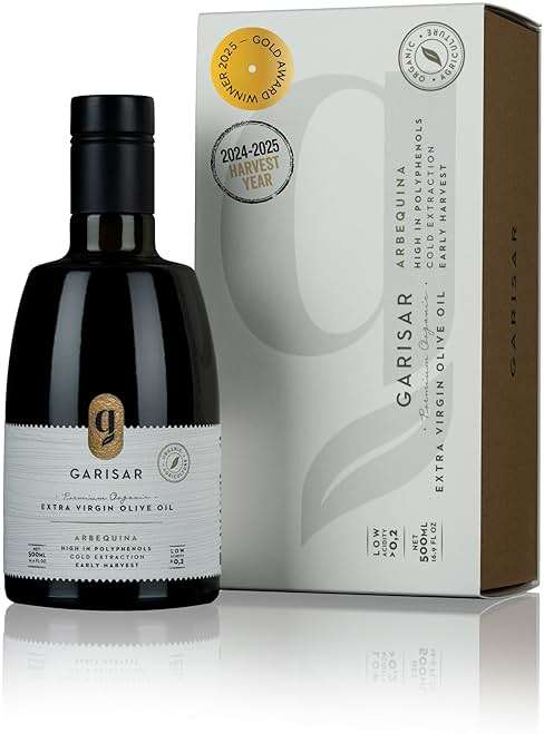 Garisar High In Polyphenol Premium Extra Virgin Olive Oil (>600 ppm), Low Acidity (Max 0.2%), NYIOOC 2025 Gold Medal Winner, Organic Agriculture Hand Picked, Cold Pressed, 100% Arbequina - Pack of 1 - Image 1