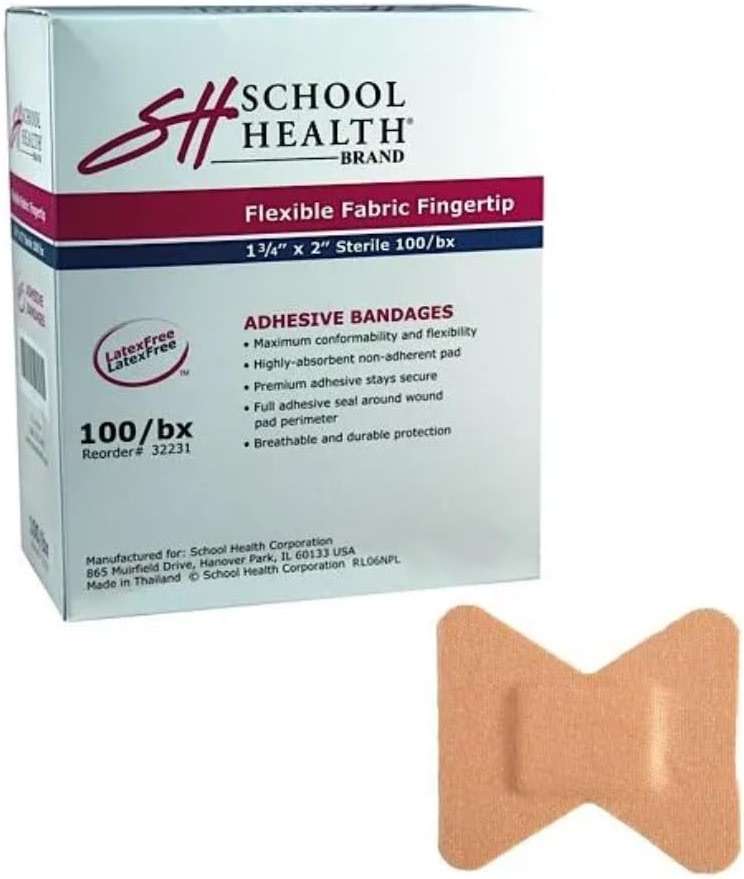 School Health - Flexible Fingertip, Adhesive Bandages - Wound Care for Cuts and Scrapes, Premium Adhesive Stays Secure with Movement, Flexible Fabric Bandages, 1-3/4" X 2" 100/Box - Image 1