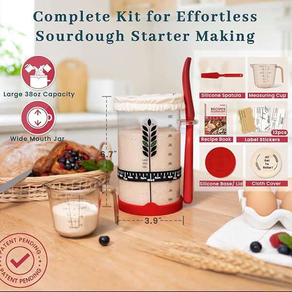 Sourdough Starter Kit - 38oz with Cookbook, Measuring Cup, Spatula, Wide Mouth Jar Cover, Thermometer, Date Marked Feeding Band, Glass Jar for Baker, Bread Baking Supplies - Image 2