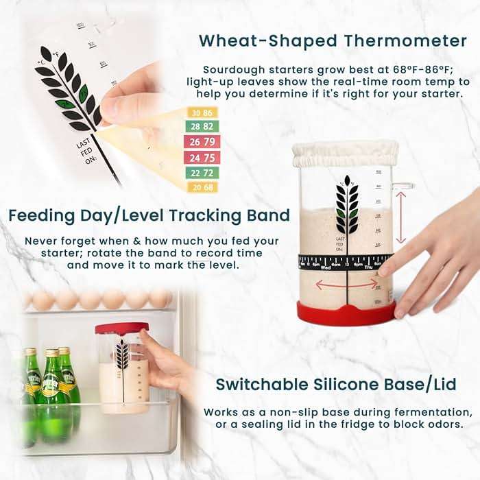 Sourdough Starter Kit - 38oz with Cookbook, Measuring Cup, Spatula, Wide Mouth Jar Cover, Thermometer, Date Marked Feeding Band, Glass Jar for Baker, Bread Baking Supplies - Image 3