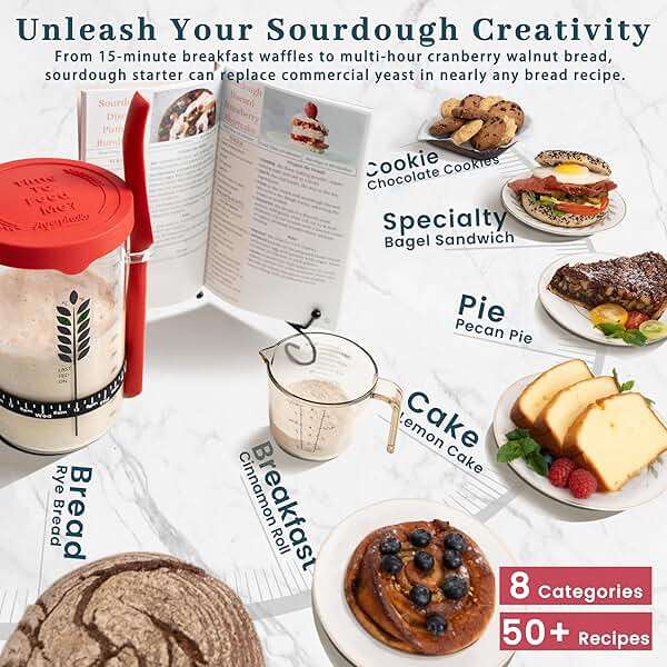 Sourdough Starter Kit - 38oz with Cookbook, Measuring Cup, Spatula, Wide Mouth Jar Cover, Thermometer, Date Marked Feeding Band, Glass Jar for Baker, Bread Baking Supplies - Image 5