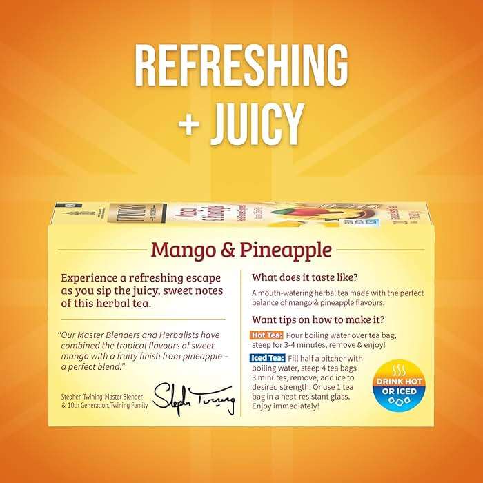 Twinings Mango & Pineapple Herbal Tea Individually Wrapped Bags, 20 Count (Pack of 1), Naturally Caffeine-Free, Enjoy Hot or Iced, 20 Teabags - Image 2