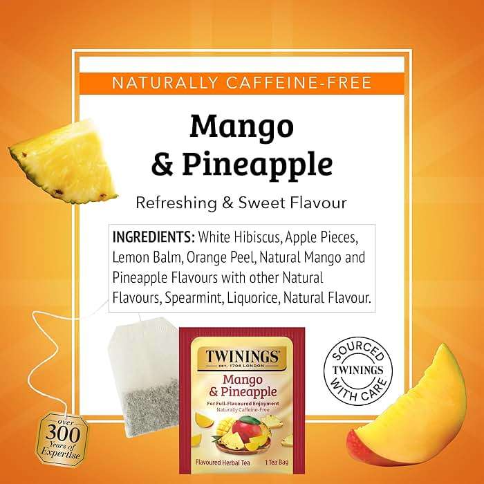 Twinings Mango & Pineapple Herbal Tea Individually Wrapped Bags, 20 Count (Pack of 1), Naturally Caffeine-Free, Enjoy Hot or Iced, 20 Teabags - Image 4