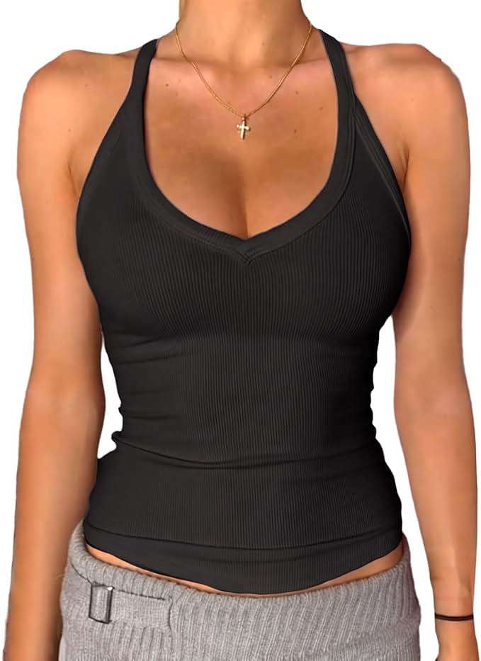 Danysu V Neck Racer Back Tank Top for Women Padded Ribbed Long Tank Fitted Basic Cami Tops - Image 1