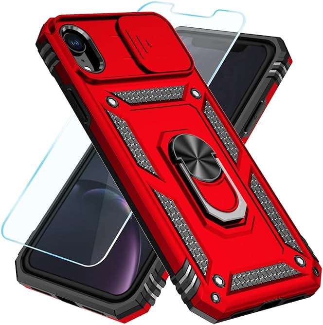 SunStory Compatible with iPhone XR Case with HD Screen Protector & Slide Camera Cover & Rotated Ring Kickstand, [Military-Grade] Phone Case for iPhone XR,Red - Image 1