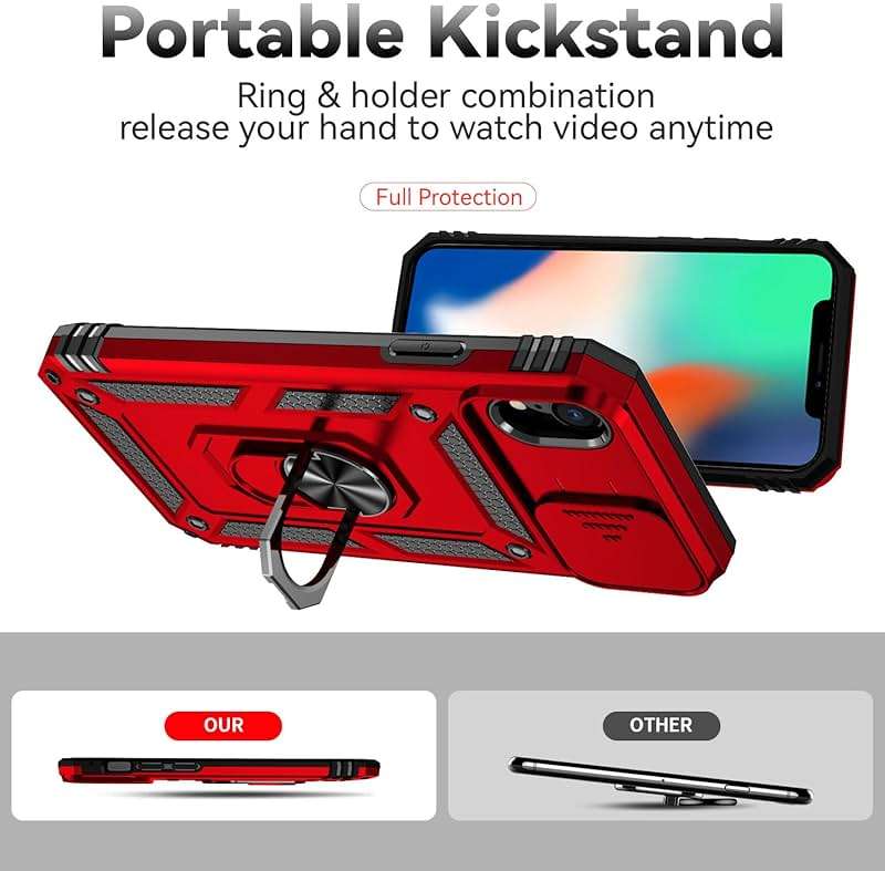 SunStory Compatible with iPhone XR Case with HD Screen Protector & Slide Camera Cover & Rotated Ring Kickstand, [Military-Grade] Phone Case for iPhone XR,Red - Image 2