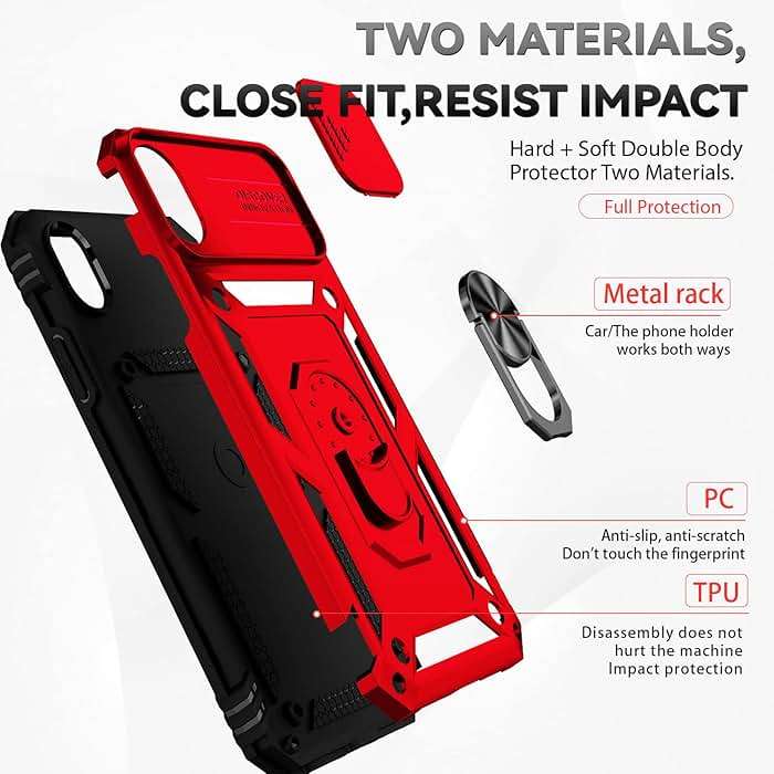 SunStory Compatible with iPhone XR Case with HD Screen Protector & Slide Camera Cover & Rotated Ring Kickstand, [Military-Grade] Phone Case for iPhone XR,Red - Image 6