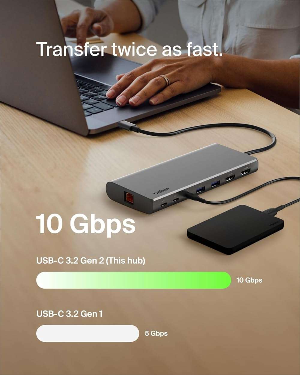 Belkin Connect Universal USB-C 8-in-1 Dual Display Core Hub w/Silicon Motion Technology - Compatible with Mac, Windows, and Chromebook - 100W PD w/ 10Gbps Transfer Speeds & 1GbE Ethernet - Silver - Image 4