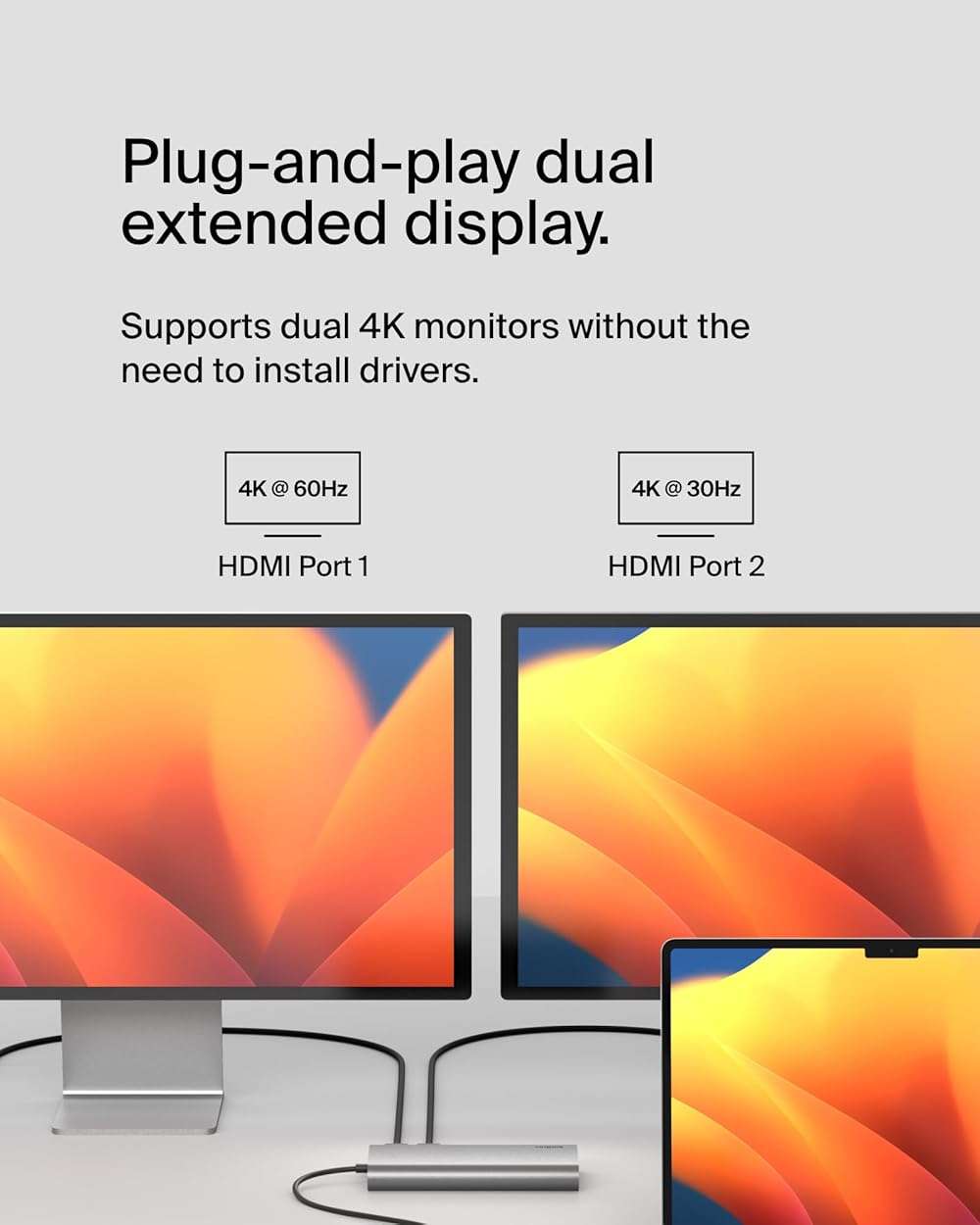 Belkin Connect Universal USB-C 8-in-1 Dual Display Core Hub w/Silicon Motion Technology - Compatible with Mac, Windows, and Chromebook - 100W PD w/ 10Gbps Transfer Speeds & 1GbE Ethernet - Silver - Image 5