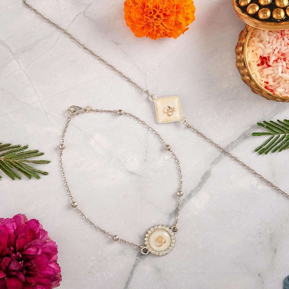 Eximious India Rakhi For Brother and Bhabhi | Bhaiya Bhabhi Rakhi Set Traditional Lumba Designer Fancy Bracelet on Rakshabandhan (Silver Color) Lumsilver032024 - Image 3