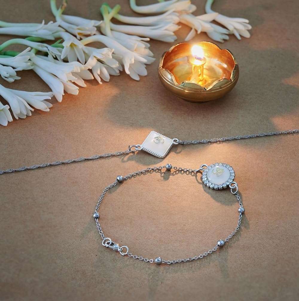 Eximious India Rakhi For Brother and Bhabhi | Bhaiya Bhabhi Rakhi Set Traditional Lumba Designer Fancy Bracelet on Rakshabandhan (Silver Color) Lumsilver032024 - Image 4