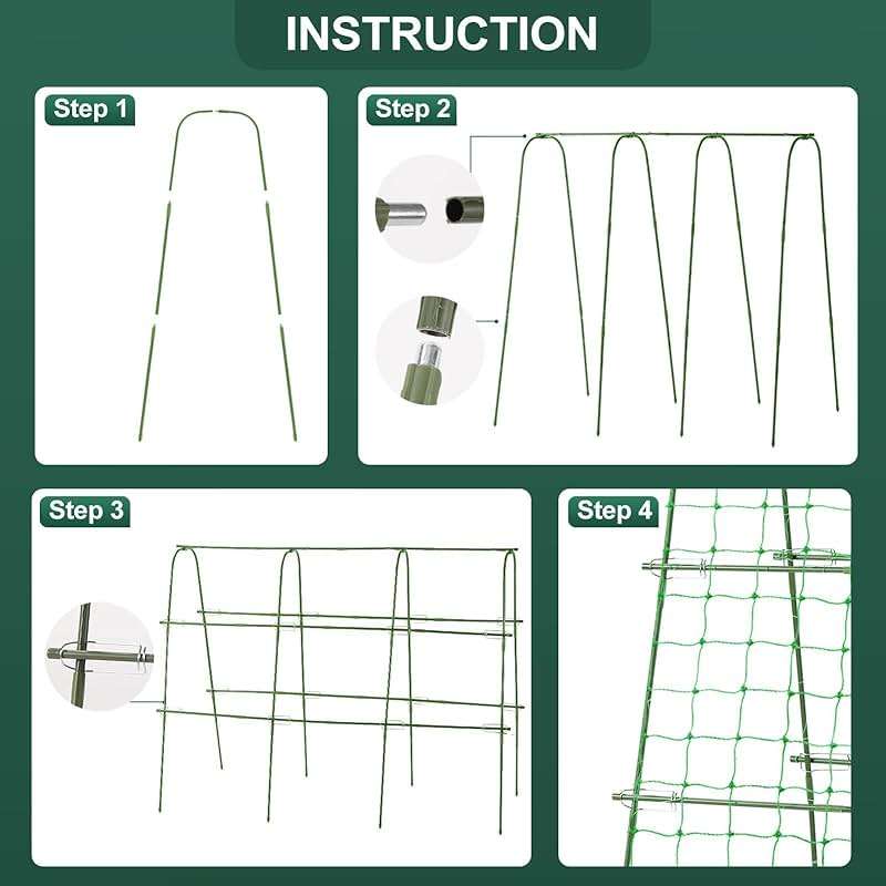 FOLLOOK Cucumber Trellis for Raised Garden Bed, Rustproof Metal Garden Arch Trellis for Climbing Plants Support Outdoor Fruit Grape Vine Vegetable Tomato Bean Pea Trellis, 63x48inch, Green - Image 7