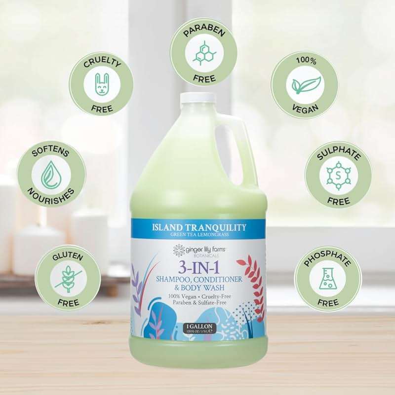 Ginger Lily Farms Botanicals 3-in-1 Shampoo, Conditioner & Body Wash, Island Tranquility, 100% Vegan & Cruelty-Free, Green Tea & Lemongrass Scent, 1 Gallon (128 fl oz) Refill - Image 4