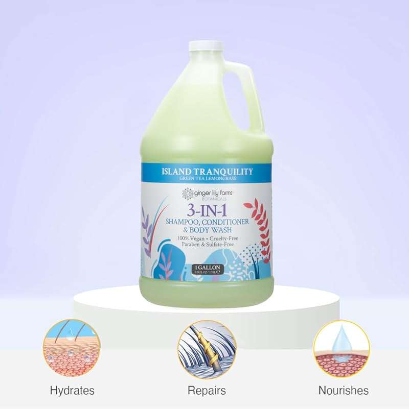 Ginger Lily Farms Botanicals 3-in-1 Shampoo, Conditioner & Body Wash, Island Tranquility, 100% Vegan & Cruelty-Free, Green Tea & Lemongrass Scent, 1 Gallon (128 fl oz) Refill - Image 5