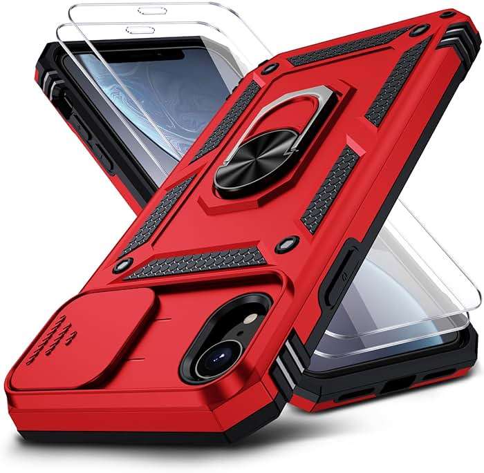 Muntinfe for iPhone XR Case, iPhone XR Phone Case with 2X HD Screen Protector + Slide Camera Cover,[Military Grade] 16ft. Drop Tested Protective Case with Magnetic Ring Kickstand, Red - Image 1