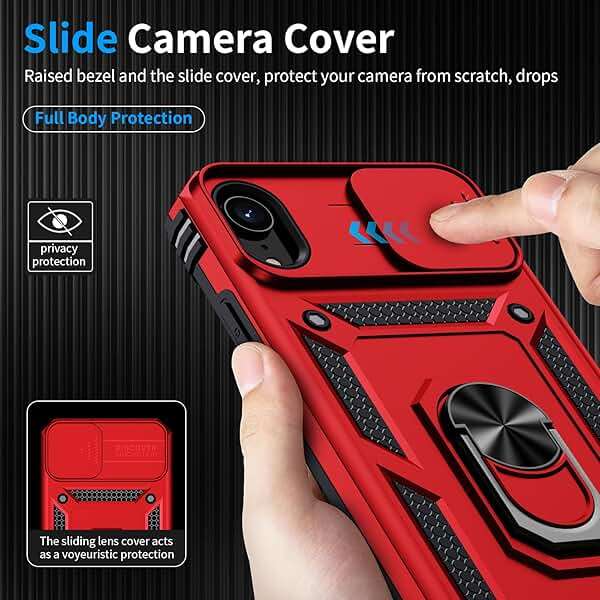 Muntinfe for iPhone XR Case, iPhone XR Phone Case with 2X HD Screen Protector + Slide Camera Cover,[Military Grade] 16ft. Drop Tested Protective Case with Magnetic Ring Kickstand, Red - Image 3