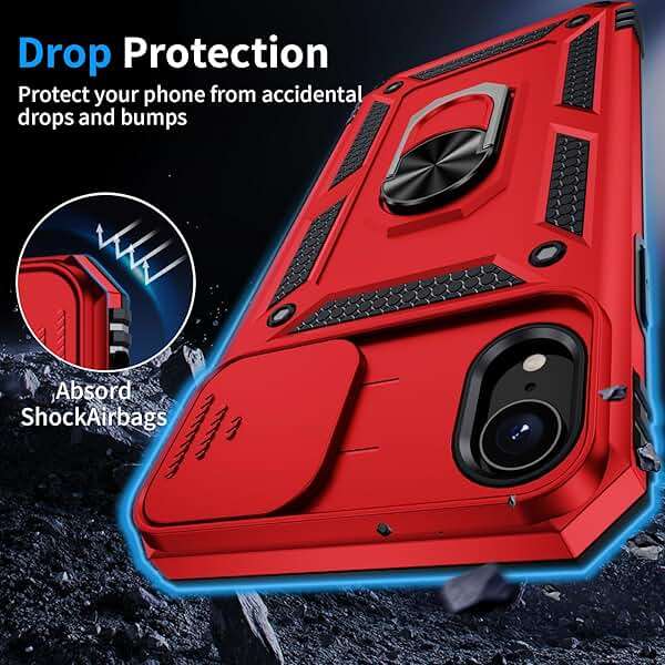 Muntinfe for iPhone XR Case, iPhone XR Phone Case with 2X HD Screen Protector + Slide Camera Cover,[Military Grade] 16ft. Drop Tested Protective Case with Magnetic Ring Kickstand, Red - Image 4