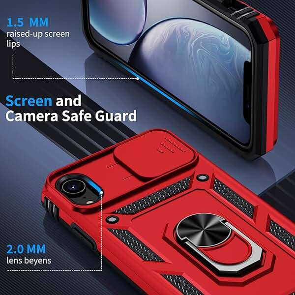 Muntinfe for iPhone XR Case, iPhone XR Phone Case with 2X HD Screen Protector + Slide Camera Cover,[Military Grade] 16ft. Drop Tested Protective Case with Magnetic Ring Kickstand, Red - Image 5