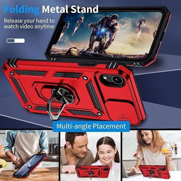 Muntinfe for iPhone XR Case, iPhone XR Phone Case with 2X HD Screen Protector + Slide Camera Cover,[Military Grade] 16ft. Drop Tested Protective Case with Magnetic Ring Kickstand, Red - Image 6