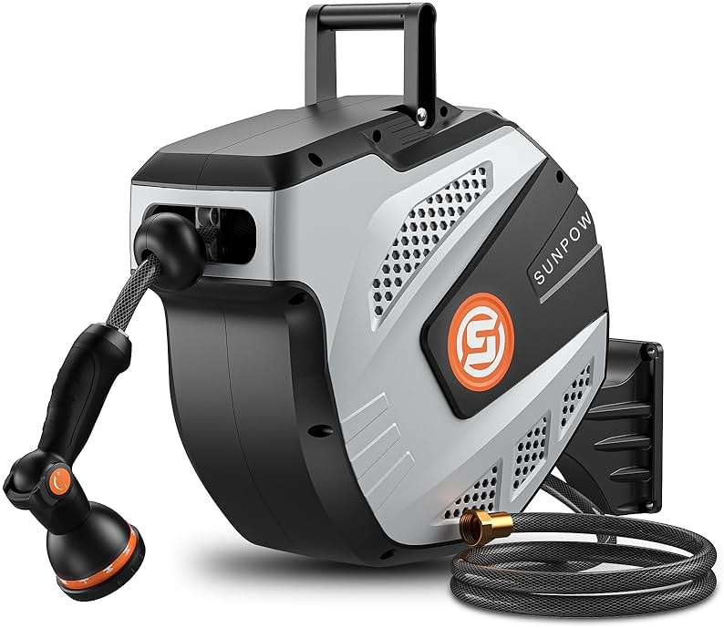 SUNPOW Retractable Garden Hose Reel - 1/2 inch x 50ft Heavy Duty Wall Mounted Hose Reel with 3/4 inch Brass Fitting & 10 Sprayer Nozzle - Any Length Lock, Auto Rewind System, 180°Swivel Bracket- Grey - Image 1