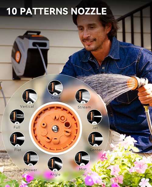 SUNPOW Retractable Garden Hose Reel - 1/2 inch x 50ft Heavy Duty Wall Mounted Hose Reel with 3/4 inch Brass Fitting & 10 Sprayer Nozzle - Any Length Lock, Auto Rewind System, 180°Swivel Bracket- Grey - Image 2