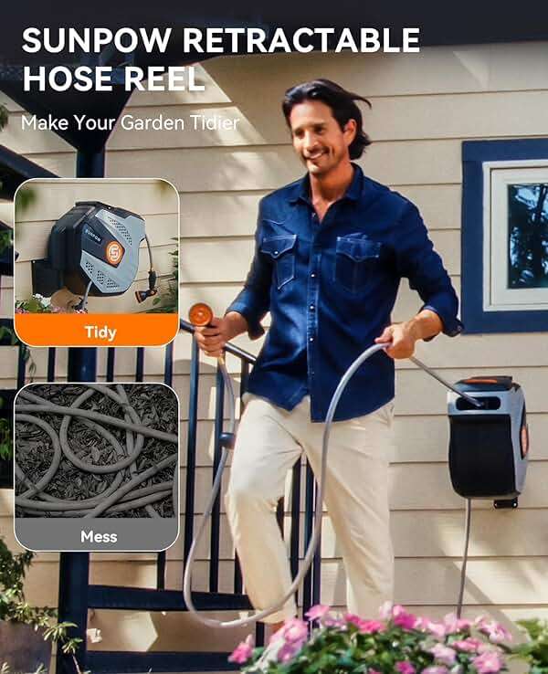 SUNPOW Retractable Garden Hose Reel - 1/2 inch x 50ft Heavy Duty Wall Mounted Hose Reel with 3/4 inch Brass Fitting & 10 Sprayer Nozzle - Any Length Lock, Auto Rewind System, 180°Swivel Bracket- Grey - Image 3